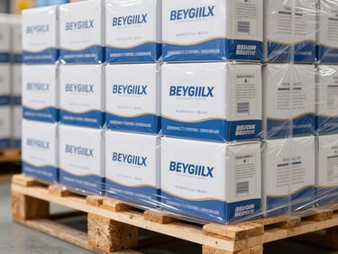 Close-up of high-quality essential commercial goods stacked neatly on clean wooden pallets, sharp focus, professional logistics, 35mm lens
