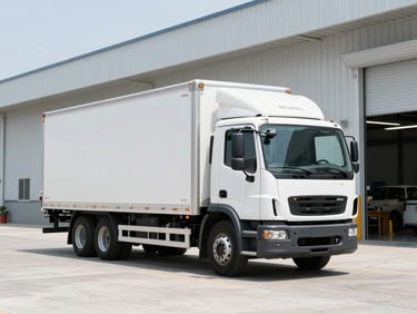 Wide shot of a clean regional delivery truck departing a modern distribution center, bright daylight, professional operations, 35mm lens