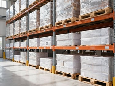 Bright high-key commercial photography of modern organized warehouse shelves, clean pallets of goods, daylight streaming in, 35mm lens