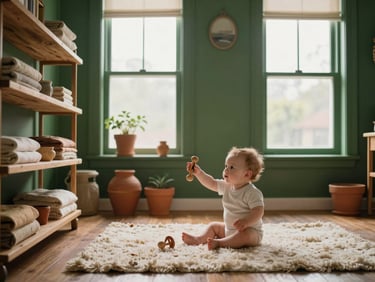 Wide environmental shot of a warm, lived-in infant room interior — low wooden shelves with soft natural materials, a single infant sitting upright on a wool rug reaching toward a wooden rattle, diffused north-facing daylight through large windows, deep forest green wall paint visible, terracotta clay pots on a low windowsill