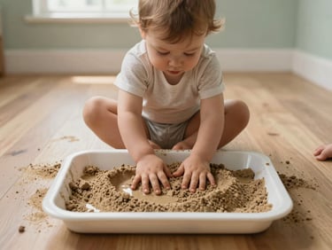 Overhead shot of a toddler sitting cross-legged on a light wood floor, hands pressing into a shallow tray of wet sand, soft diffused light from a skylight above, pale sage-painted walls visible at the frame edge, a second child's feet visible entering the frame from the right