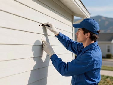 Technician in clean uniform inspecting a home's exterior wall for boxelder bug entry points, bright morning sun, SLC mountains in background, 35mm