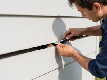 Medium shot of a technician sealing a small gap in a home's foundation, precision application, clear afternoon sun, 35mm
