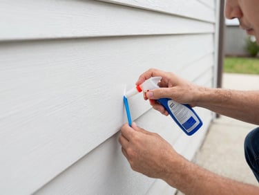Close-up of a professional technician applying a pet-safe barrier treatment along a home's foundation, crisp daylight, sharp focus, 35mm