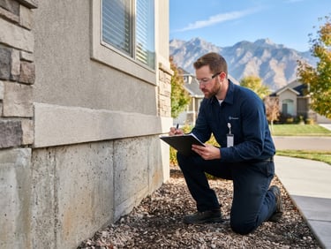 Professional technician in a clean uniform inspecting a home foundation with a clipboard, crisp morning daylight, medium shot, Salt Lake City mountains in background.