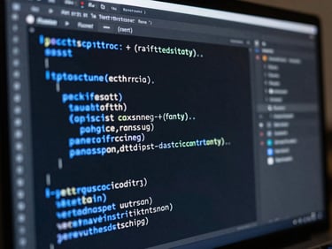 Macro shot of clean, structured TypeScript code on a high-end monitor, electric blue syntax highlighting, dark IDE interface, shallow depth of field