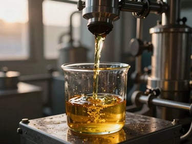 Golden liquid crude coconut oil pouring into a technical glass container, clean industrial processing facility, amber lighting