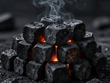 Hexagonal coconut shell charcoal briquettes stacked neatly, glowing embers inside, dark smoky background, high contrast