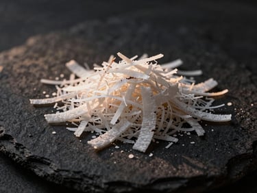 Finely shredded dried white coconut meat on a dark basalt surface, macro shot, dramatic side lighting