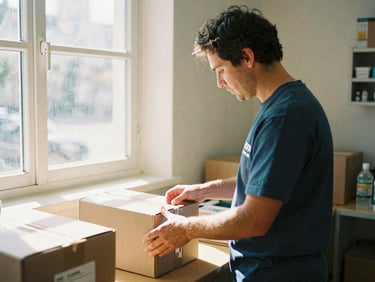 A local volunteer organizing medicine boxes in a bright, clean community clinic, warm sunlight streaming through the window, 35mm