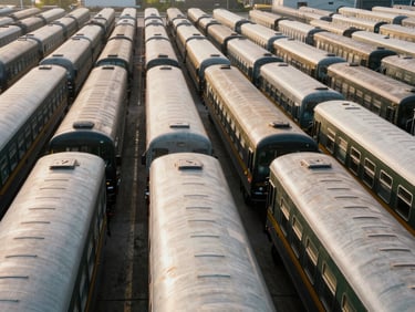 Structured rows of wholesale passenger cars parked in a transport yard, morning light, clean grid composition, environmental logistics framing.