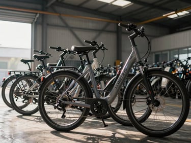 A row of modern electric bikes parked neatly in an industrial warehouse, crisp morning light illuminating the metallic frames.