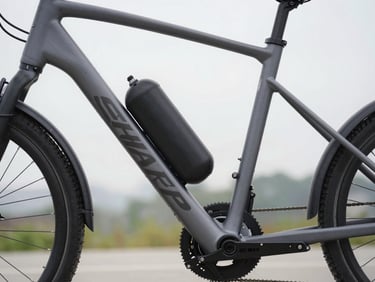 Sharp, clean product shot of an Engwe electric bike frame and motor, natural overcast daylight, side profile, technical detail focus.