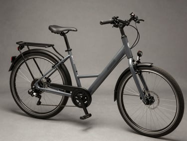 High-angle shot of a sleek gray Engwe L20 step-through electric cargo bike with front and rear racks