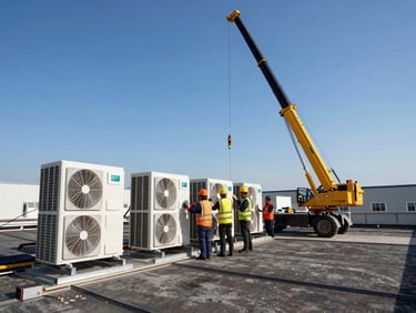Wide-angle environmental photograph of a commercial HVAC installation site, technicians in high-visibility gear positioning large rooftop units with a crane under bright natural daylight.