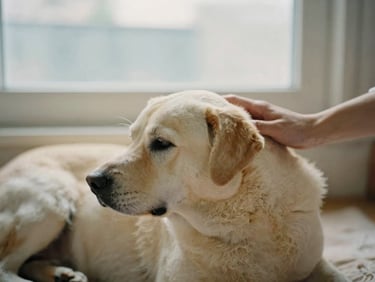 Warm editorial photography of a calm dog in a relaxed posture, a hand gently caressing its back, soft daylight from a window, muted beige and blue-gray tones, shallow depth of field, 35mm