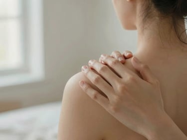 Warm editorial photography of a gentle touch, hands softly placed on human shoulders in a serene light-filled room, soft diffused daylight, muted beige and blue-gray tones, shallow depth of field, 35mm