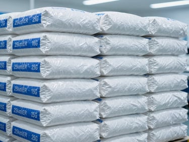 Crisp industrial photograph of neatly stacked 25kg multi-ply bags of white chemical powder, clearly labeled, in a clean, brightly lit warehouse setting, cool blue and white tones, sharp focus, 50mm.