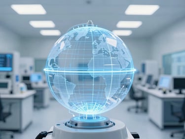 Crisp industrial photograph of a globe hologram with supply chain lines overlaid, against a background of a modern, clean logistics control center, bright sterile light, cool blue and white tones, sharp focus, 50mm.