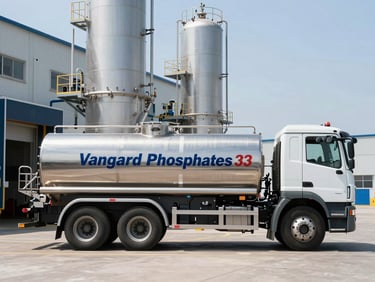 Crisp industrial photograph of a stainless steel pneumatic tanker truck with 'Vanguard Phosphates' branding, parked at a loading bay of a modern chemical facility, bright industrial daylight, cool blue and white tones, sharp focus, 50mm.