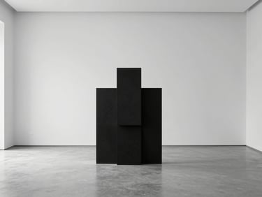 A minimalist gallery space with a single, striking contemporary art installation, soft natural diffused light, desaturated black and white, sharp focus, 35mm architectural lens.