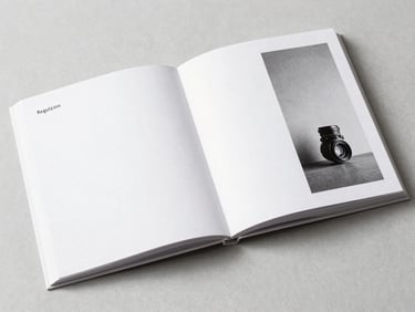 A flat lay of a beautifully designed, open art catalogue page with crisp typography, soft natural diffused light, desaturated black and white, sharp focus, 35mm architectural lens.