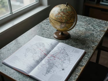 Overhead wide shot of a large desk with an antique globe and open navigation charts, cool overcast daylight from a window to the left, institutional stone surface visible, no people