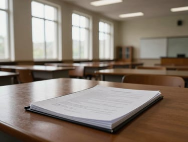Wide environmental shot of an empty institutional reading room, a closed document portfolio on a leather surface, overcast north-light through tall windows, architectural detail of panelled walls, no people