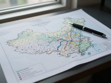 Overhead close-up of a jurisdictional diagram spread across a dark desk, a pen resting diagonally beside it, cool north-facing window light, no people, institutional interior