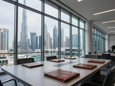 Panoramic wide shot of a modern institutional interior in Dubai, floor-to-ceiling glass overlooking a city skyline under overcast cool daylight, a large flat planning table with closed leather portfolios in the foreground, no people, architectural lines converging toward the right edge