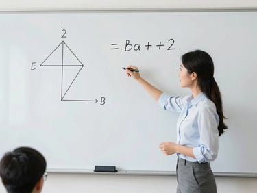 A teacher explaining a geometry theorem on a clean whiteboard, active learning, bright classroom lighting
