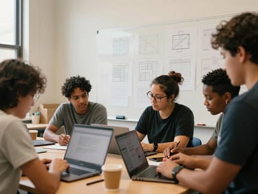 Warm documentary photography of an Atlanta community workshop, people collaborating over a laptop with hand-drawn wireframes on a whiteboard behind them, soft natural window light, 35mm lens.