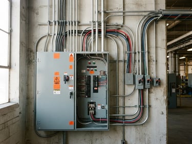 Straight-on medium shot of a neatly organized industrial electrical panel with orange safety labels, clean conduit runs, bright daylight, 35mm.