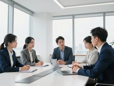 Focused professional strategy session in a bright, airy corporate boardroom with floor-to-ceiling windows, natural daylight, 35mm