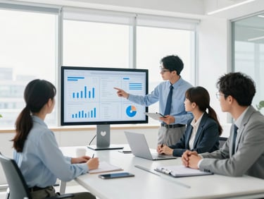 Bright high-key corporate photography of a modern office strategy session, focused professionals analyzing logistics data on screens, daylight, 35mm