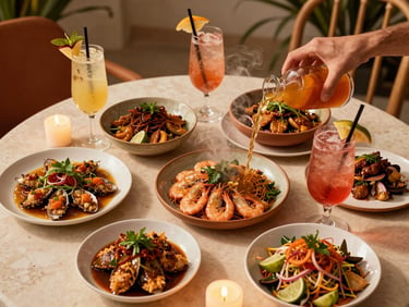 Overhead flat-lay of shared tables filled with vibrant, steam-rising Asian dishes and hand-poured tropical cocktails, warm evening candlelit glow.