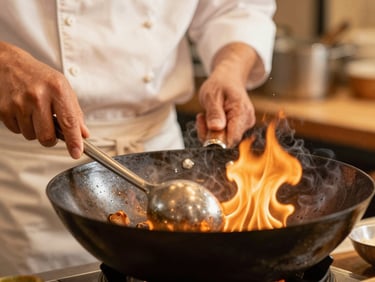 A close-up of a chef's hands working over a hot wok, flames kissing the edges, rich terracotta tones, shallow depth of field.