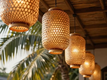 Low-angle architectural shot of woven bamboo lanterns hanging from a high thatched ceiling, warm golden-hour light filtering through palm leaves.