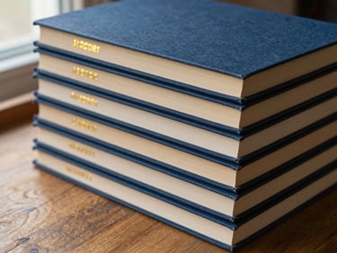Detailed close-up of bound book spines stacked neatly on a wooden workshop desk, gold foil stamping glinting in soft window light