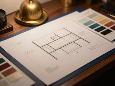 A designer's workspace with physical layout proofs, a brass bowler hat paperweight, and color swatches under warm desk lighting