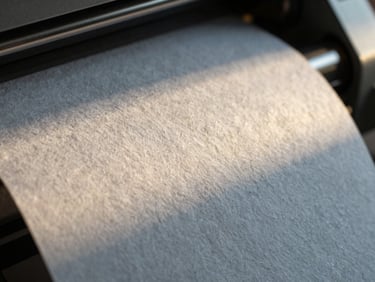Macro shot of heavy textured cotton paper stock being fed into a mechanical press, warm natural side-lighting, shallow depth of field