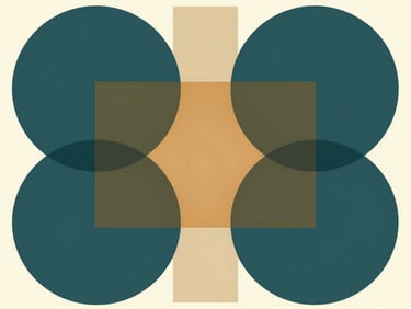 Minimalist geometric vector abstraction with overlapping deep teal circles and warm amber squares representing structured knowledge pathways, clean daylight-lit background.