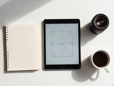 A clean, top-down desk setup with a notebook, a tablet displaying a structured geometric diagram, and a cup of coffee, bright natural daylight, minimalist Swiss composition