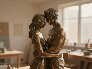 Candid medium shot of a finished bronze sculpture of a young couple embracing, sun-drenched studio, warm natural light, soft shadows, intimate shallow depth of field, 35mm.