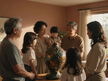 Warm cinematic photography of a multi-generational family interacting naturally with a large, finished bronze sculpture in a sunlit home, soft shadows, intimate shallow depth of field, 35mm.