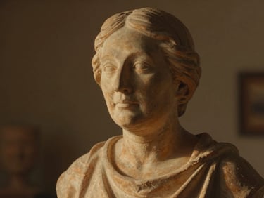 Candid medium shot of a finished terracotta bust of an elderly woman, catching golden-hour light, soft shadows, intimate shallow depth of field, 35mm.