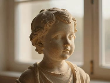 Candid medium shot of a finished stone bust of a child, soft sun-drenched window light, tactile texture, intimate shallow depth of field, 35mm.