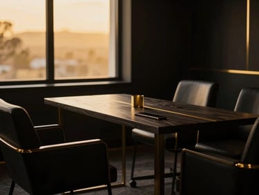 Serene private consultation space, subtle gold accents, dark wooden furniture, warm golden-hour light filtering through a window, deep black and gold tones, soft shadows, 35mm lens.