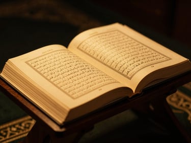 Close-up of an open Quran on a dark wooden stand, with warm golden light illuminating the pages, deep black and gold tones, soft shadows, 35mm lens.