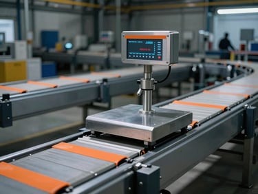 Automated conveyor belt with integrated weighing scale, industrial factory interior, sharp lighting, orange safety markings.